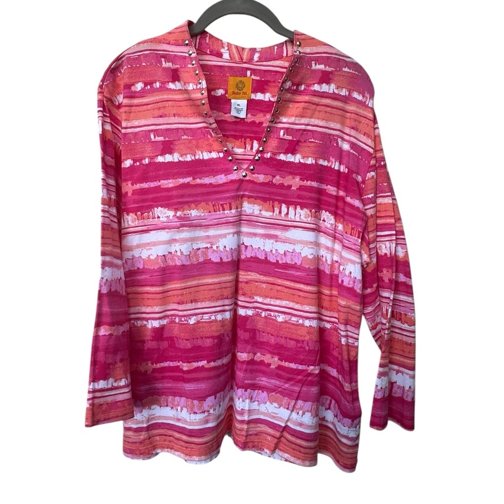 Ruby Road Pink and Orange Striped V-Neck Top size XL - Picture 3 of 5